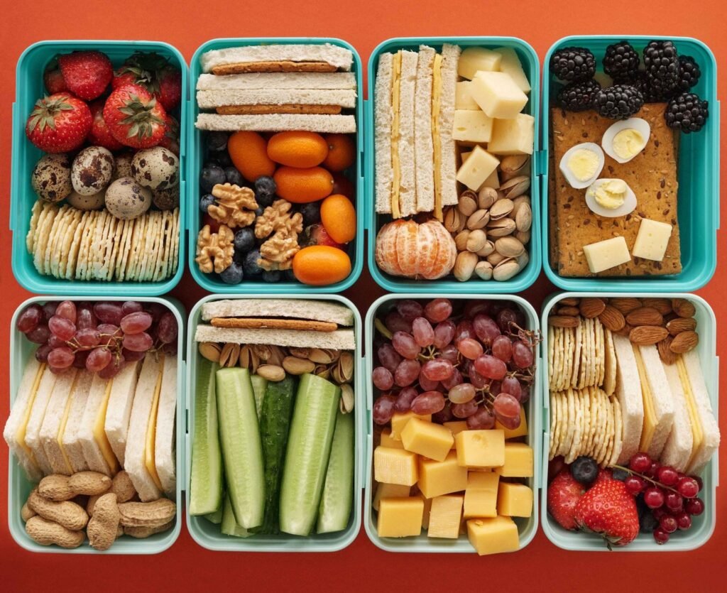 High protein school lunch ideas with eggs, fruit, vegetables, and easy lunchbox snacks