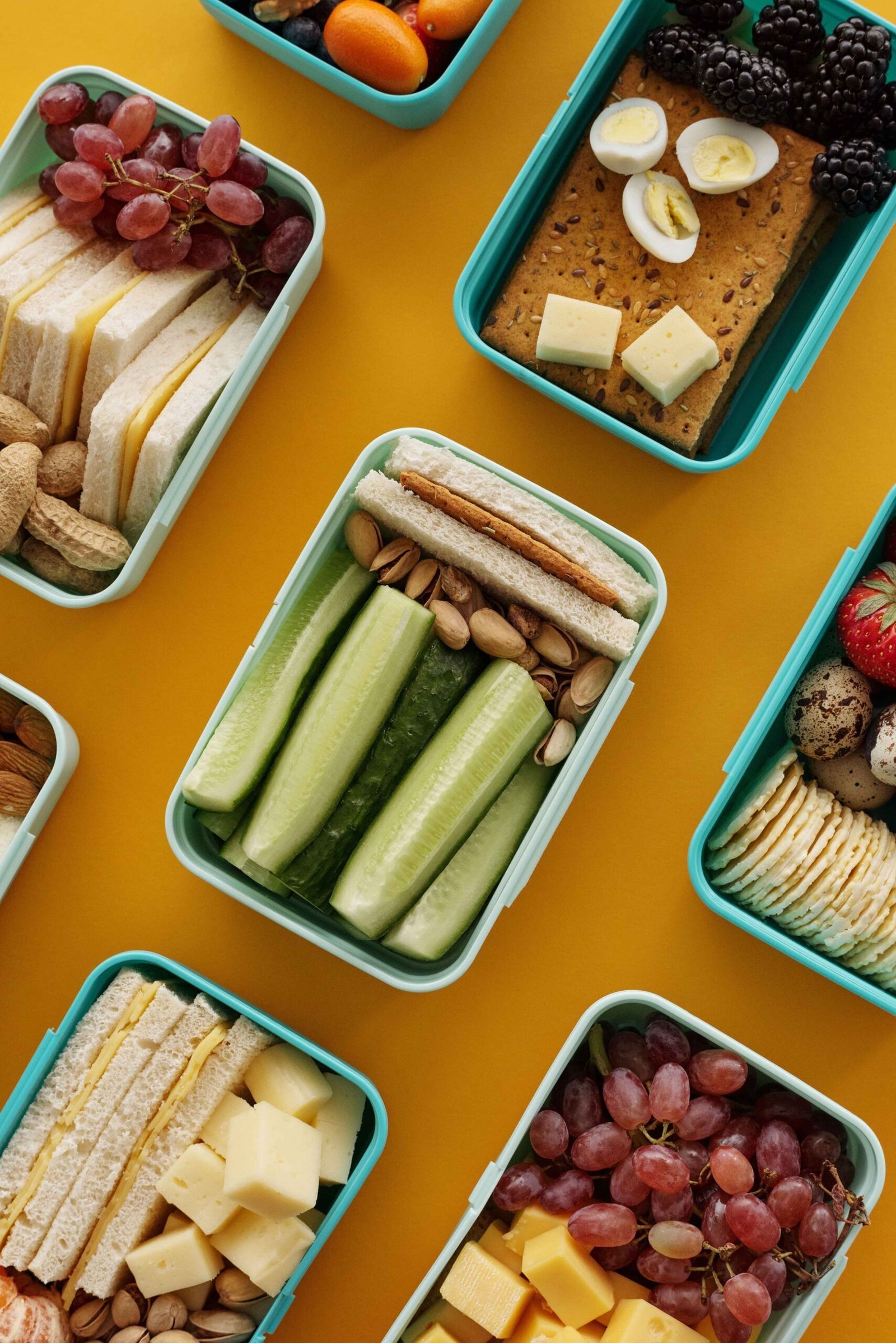 High protein school lunch ideas with eggs, fruit, vegetables, yogurt, and easy lunchbox snacks