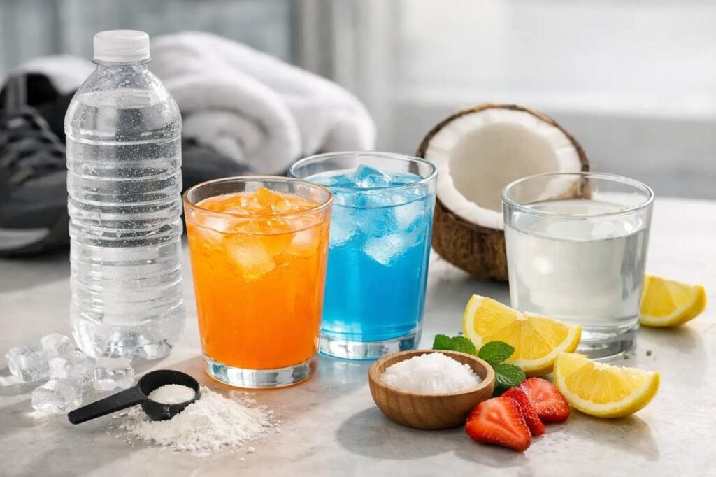 Glass of plain water beside an electrolyte sports drink and fresh coconut water