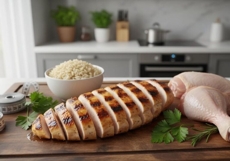 Raw and cooked chicken breast beside dry and cooked rice, illustrating changes in food weight